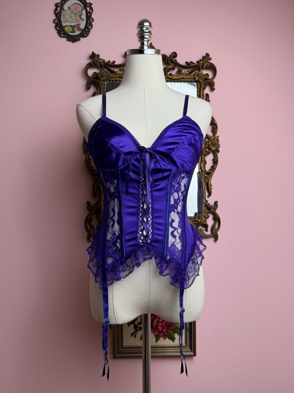 Vintage Cinema Etoile Corset Purple Lace Garter Strap Underwire Bustier Medium
